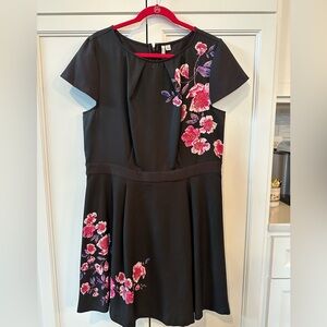 ELLE black fit and flare dress with pink and purple flower design. Size XL.
